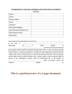 Texas Conditional Lien Waiver and Release on Final Payment Texas Conditional Lien Waiver and Release on Final Payment