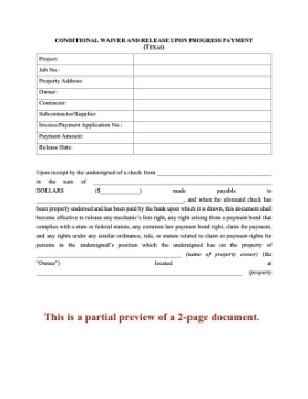 Texas Conditional Lien Waiver and Release on Progress Payment Texas Conditional Lien Waiver and Release on Progress Payment
