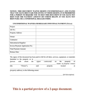 Texas Unconditional Lien Waiver and Release on Final Payment Texas Unconditional Lien Waiver and Release on Final Payment