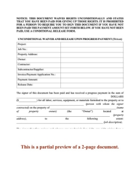 Texas Unconditional Lien Waiver and Release on Progress Payment Texas Unconditional Lien Waiver and Release on Progress Payment