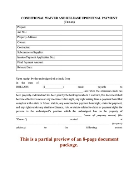 Texas Lien Waiver and Release Forms Package Texas Lien Waiver and Release Forms Package