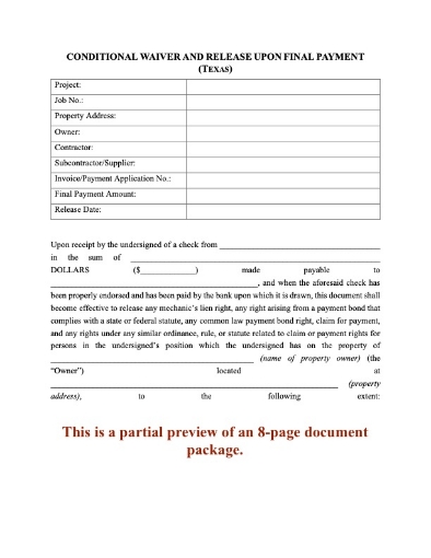 Texas Lien Waiver and Release Forms Package