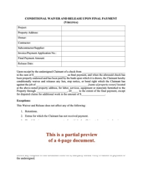 Virginia Conditional Lien Waiver and Release on Final Payment Virginia Conditional Lien Waiver and Release on Final Payment
