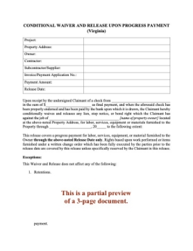 Virginia Conditional Lien Waiver and Release on Progress Payment Virginia Conditional Lien Waiver and Release on Progress Payment