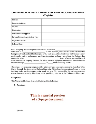 Virginia Conditional Lien Waiver and Release on Progress Payment