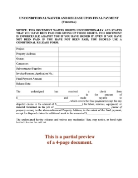 Virginia Unconditional Lien Waiver and Release on Final Payment Virginia Unconditional Lien Waiver and Release on Final Payment