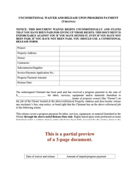 Virginia Unconditional Lien Waiver and Release on Progress Payment Virginia Unconditional Lien Waiver and Release on Progress Payment