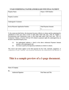 Utah Conditional Lien Waiver and Release on Final Payment Utah Conditional Lien Waiver and Release on Final Payment