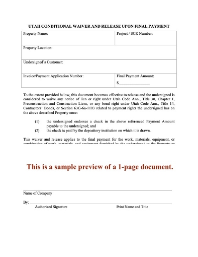Utah Conditional Lien Waiver and Release on Final Payment