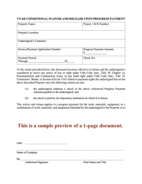 Utah Conditional Lien Waiver and Release on Progress Payment Utah Conditional Lien Waiver and Release on Progress Payment