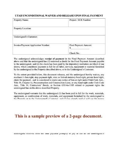 Utah Unconditional Lien Waiver and Release on Final Payment