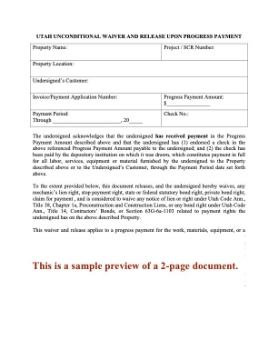 Utah Unconditional Lien Waiver and Release on Progress Payment Utah Unconditional Lien Waiver and Release on Progress Payment