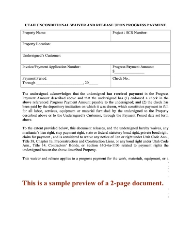 Utah Unconditional Lien Waiver and Release on Progress Payment
