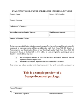 Utah Lien Waiver and Release Forms Package Utah Lien Waiver and Release Forms Package