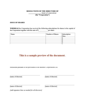 Canada Directors Resolution to Issue New Shares Canada Directors Resolution to Issue New Shares