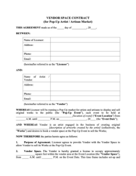 Pop-Up Vendor Space Contract for Art Market Pop-Up Vendor Space Contract for Art Market