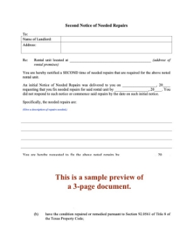 Texas Second Notice to Landlord of Needed Repairs Texas Second Notice to Landlord of Needed Repairs