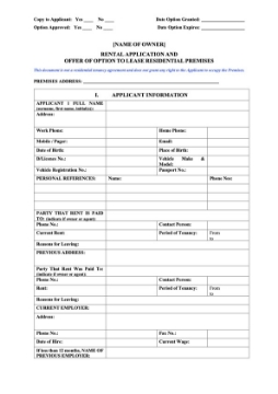 Western Australia Rental Application and Offer of Option to Lease Western Australia Rental Application and Offer of Option to Lease