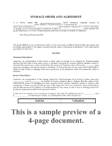 Storage Order and Agreement template
