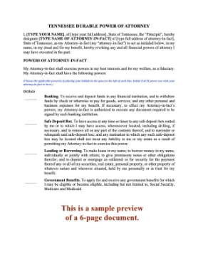 Tennessee Durable Power of Attorney Tennessee Durable Power of Attorney