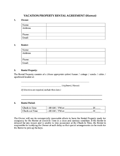 Hawaii Vacation Property Short-Term Rental Agreement