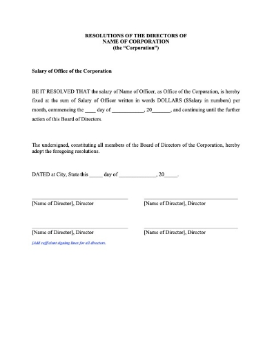 Directors Resolution to Set Salary of Officer
