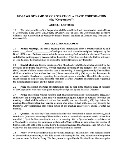 United States Set of Bylaws of For-Profit Corporation