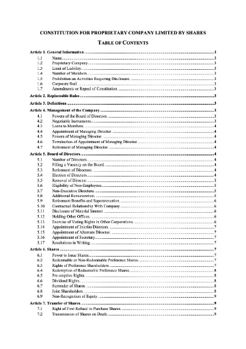Australia Constitution for Proprietary Limited Company