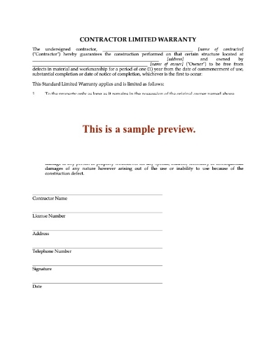 Contractor Limited Warranty Form