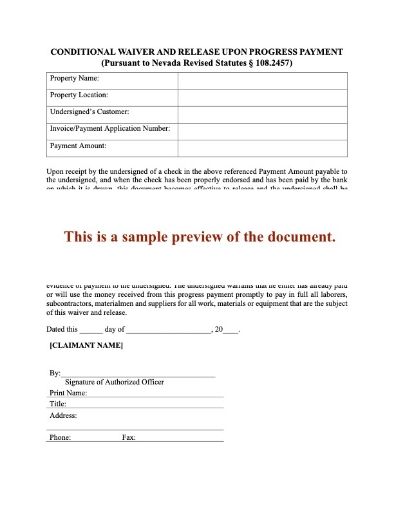 Nevada Conditional Waiver and Release of Lien Upon Progress Payment