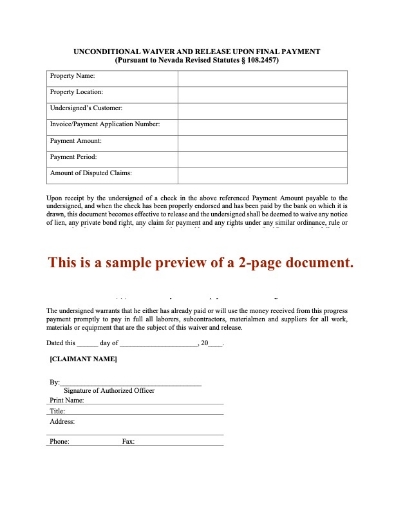 Nevada Unconditional Lien Waiver and Release Upon Final Payment