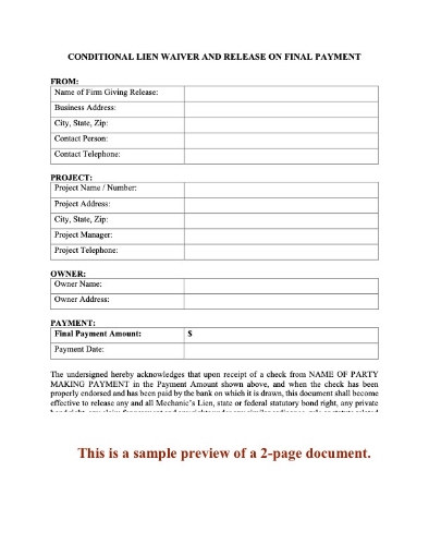 Washington Conditional Lien Waiver and Release on Final Payment