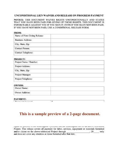 Washington Unconditional Lien Waiver and Release on Progress Payment