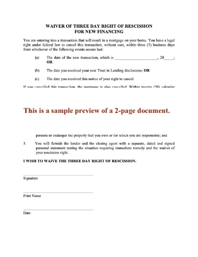 USA Waiver of 3-Day Right of Rescission for New Financing