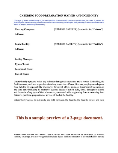 Catering Waiver and Indemnification Agreement