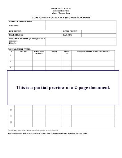 Template  Auction Consignment Contract and Submission Form