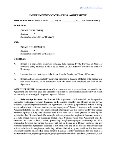 Canada Independent Contractor Agreement between Broker and Real Estate Agent