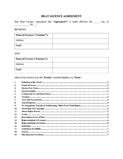 Canadian Beat Licence Agreement Template