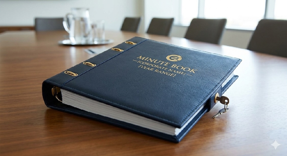 Picture of company minute book on a boardroom table